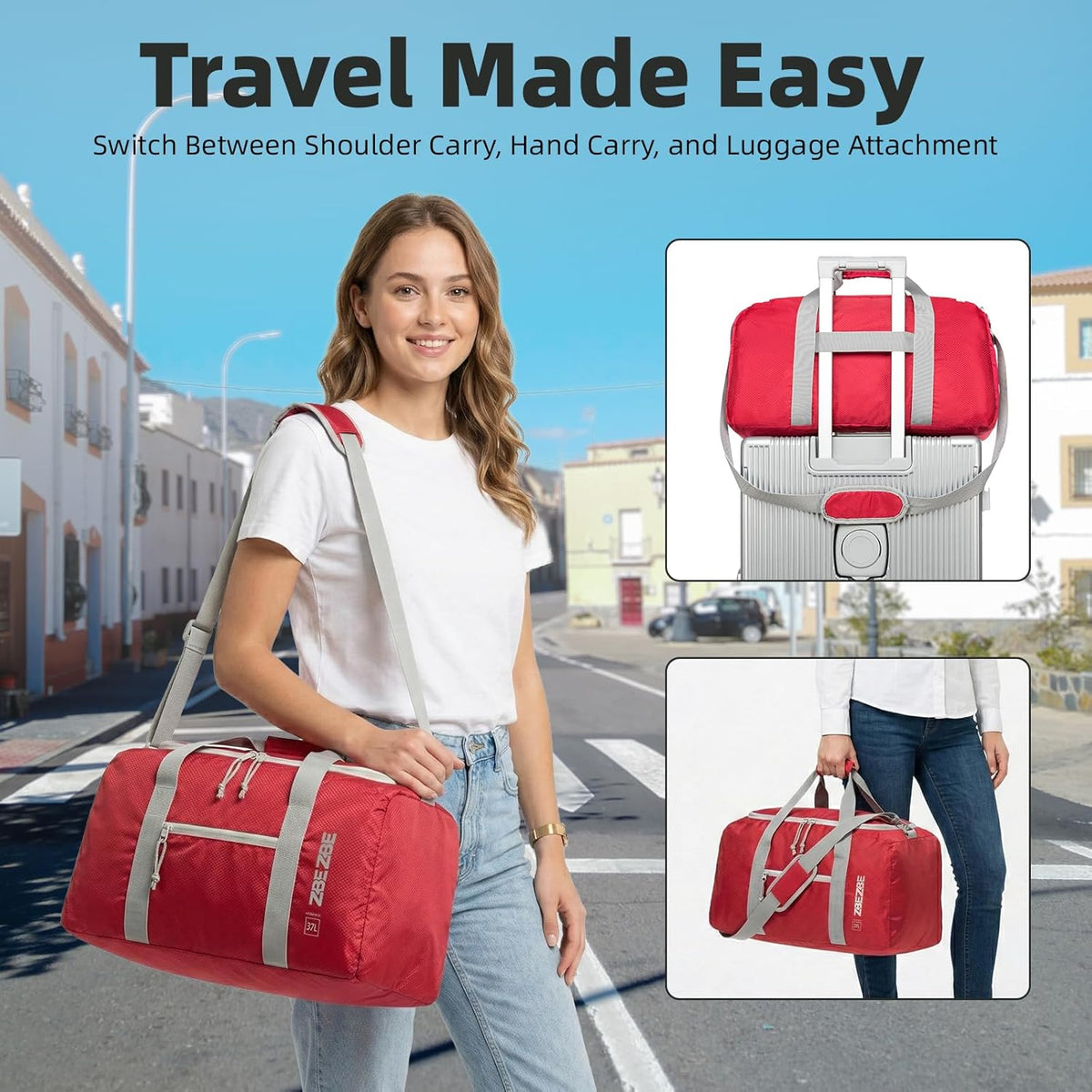Foldable Travel Duffel Bag, 37L Lightweight Carry-on Weekender Bag with Wet Pocket, Water-Repellent Packable Hospital & Sports Bag for Overnight Trip - Black