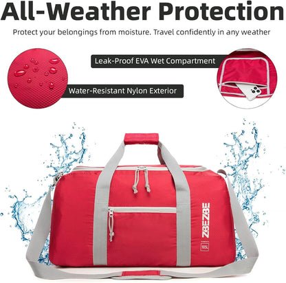 Foldable Travel Duffel Bag, 37L Lightweight Carry-on Weekender Bag with Wet Pocket, Water-Repellent Packable Hospital & Sports Bag for Overnight Trip - Black