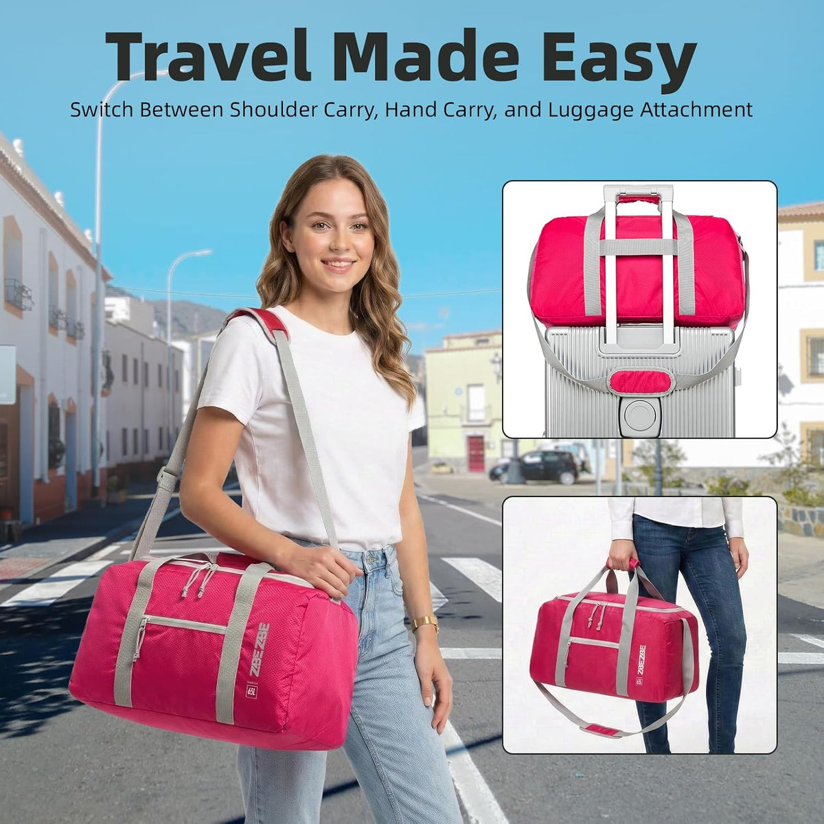 Foldable Travel Duffel Bag, 37L Lightweight Carry-on Weekender Bag with Wet Pocket, Water-Repellent Packable Hospital & Sports Bag for Overnight Trip - Black