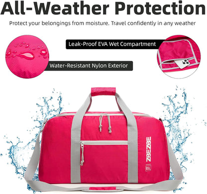 Foldable Travel Duffel Bag, 37L Lightweight Carry-on Weekender Bag with Wet Pocket, Water-Repellent Packable Hospital & Sports Bag for Overnight Trip - Black