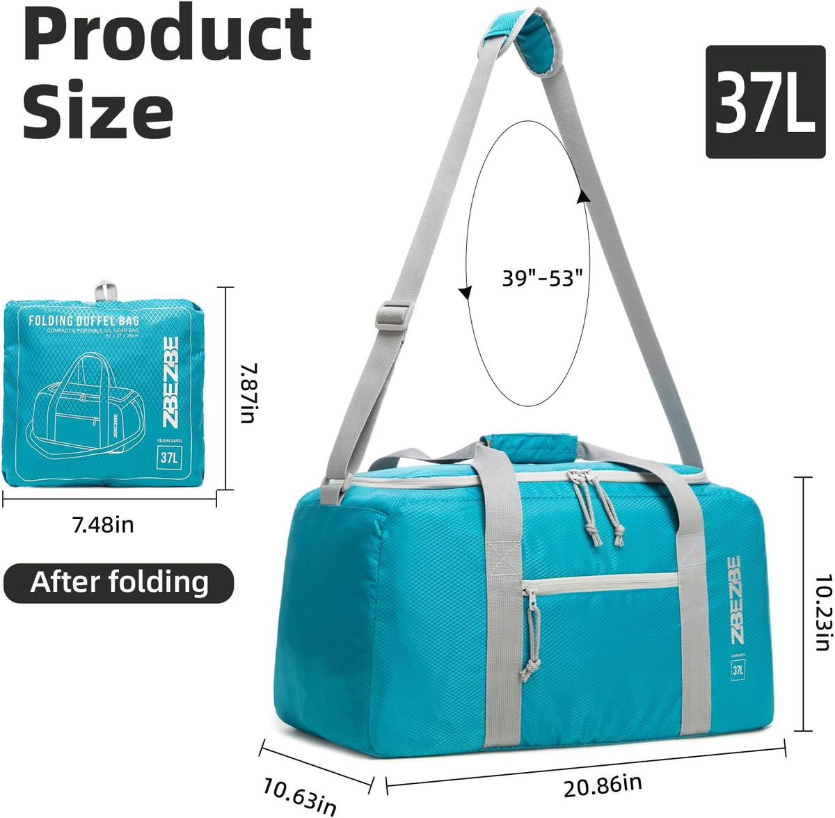Foldable Travel Duffel Bag, 37L Lightweight Carry-on Weekender Bag with Wet Pocket, Water-Repellent Packable Hospital & Sports Bag for Overnight Trip - Black