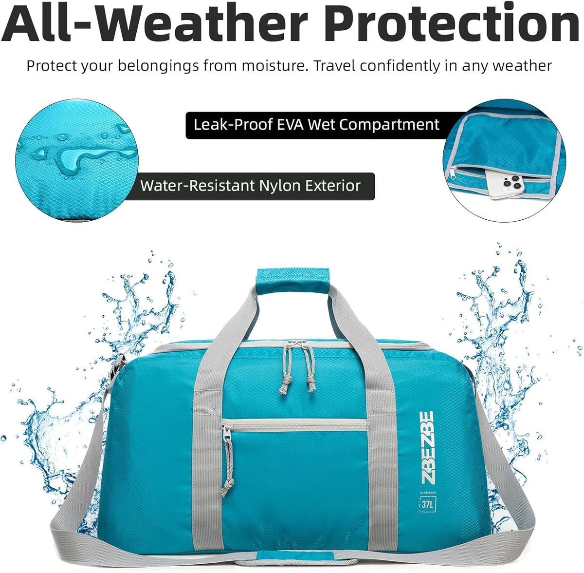 Foldable Travel Duffel Bag, 37L Lightweight Carry-on Weekender Bag with Wet Pocket, Water-Repellent Packable Hospital & Sports Bag for Overnight Trip - Black
