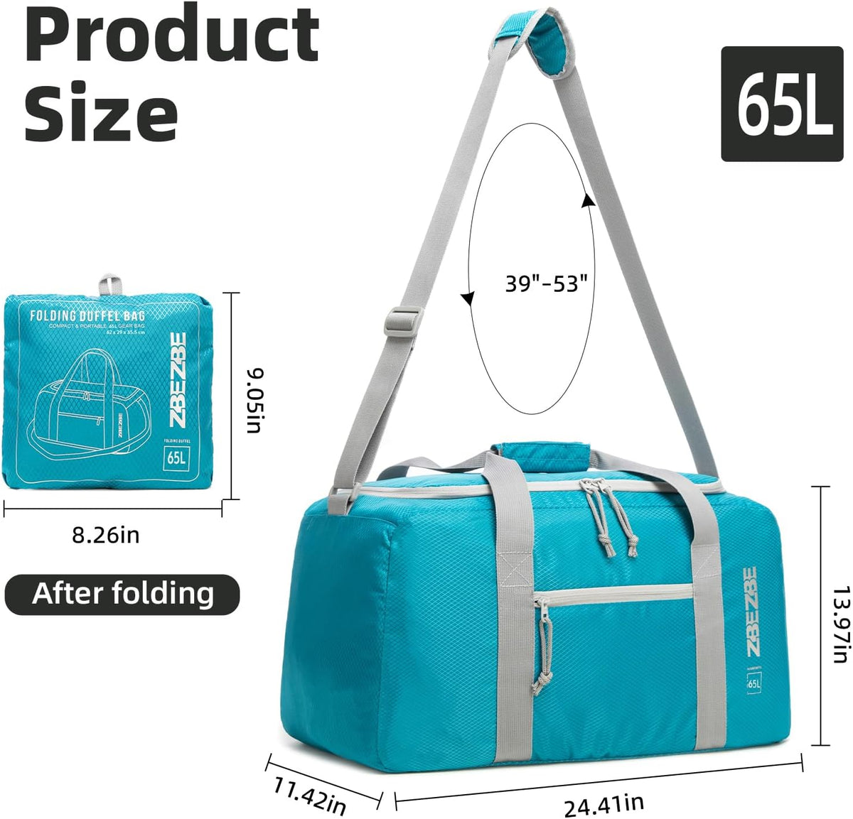 Foldable Travel Duffel Bag, 37L Lightweight Carry-on Weekender Bag with Wet Pocket, Water-Repellent Packable Hospital & Sports Bag for Overnight Trip - Black