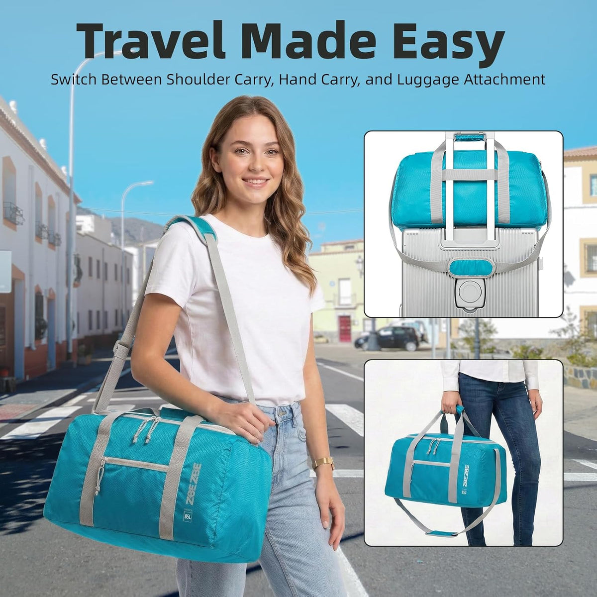 Foldable Travel Duffel Bag, 37L Lightweight Carry-on Weekender Bag with Wet Pocket, Water-Repellent Packable Hospital & Sports Bag for Overnight Trip - Black