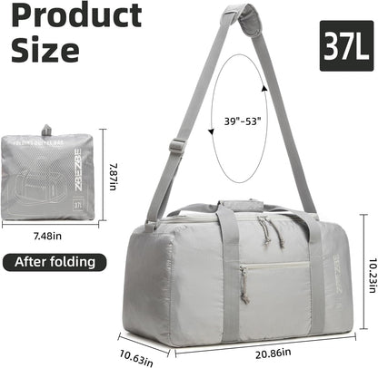 Foldable Travel Duffel Bag, 37L Lightweight Carry-on Weekender Bag with Wet Pocket, Water-Repellent Packable Hospital & Sports Bag for Overnight Trip - Black