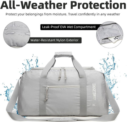 Foldable Travel Duffel Bag, 37L Lightweight Carry-on Weekender Bag with Wet Pocket, Water-Repellent Packable Hospital & Sports Bag for Overnight Trip - Black