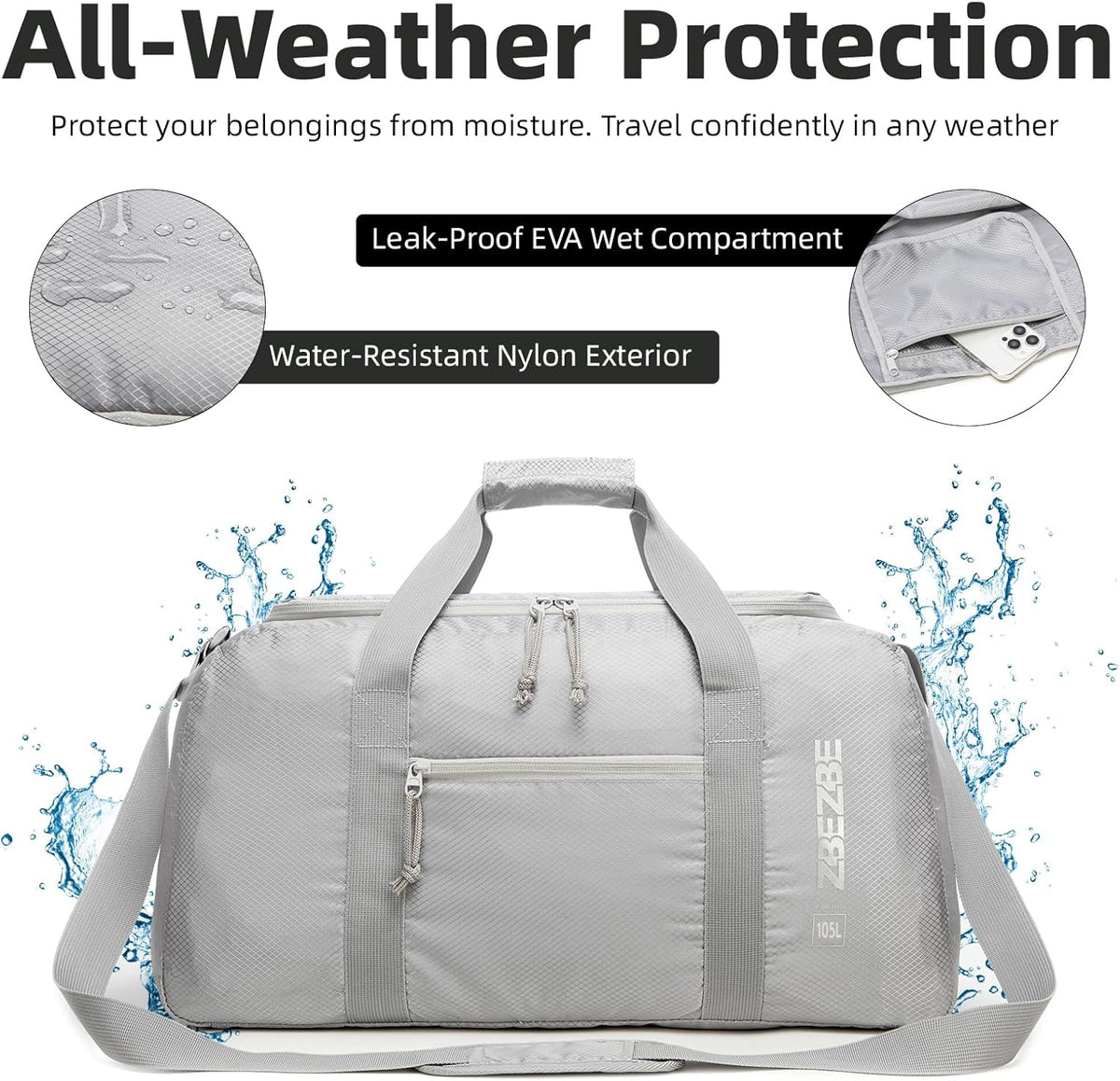 Foldable Travel Duffel Bag, 37L Lightweight Carry-on Weekender Bag with Wet Pocket, Water-Repellent Packable Hospital & Sports Bag for Overnight Trip - Black