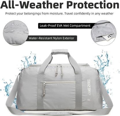 Foldable Travel Duffel Bag, 37L Lightweight Carry-on Weekender Bag with Wet Pocket, Water-Repellent Packable Hospital & Sports Bag for Overnight Trip - Black