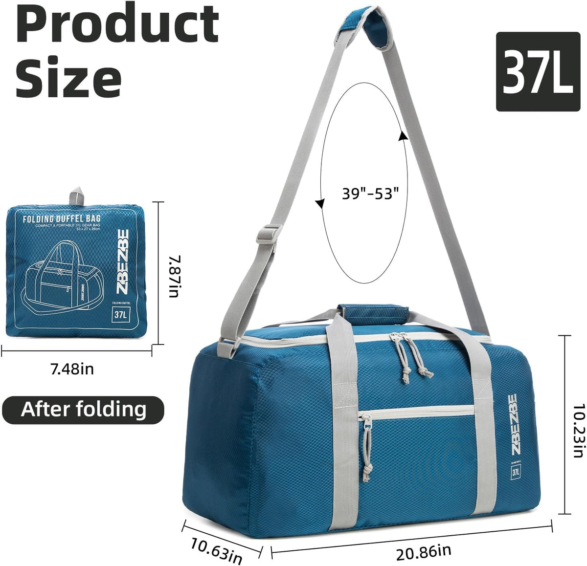 Foldable Travel Duffel Bag, 37L Lightweight Carry-on Weekender Bag with Wet Pocket, Water-Repellent Packable Hospital & Sports Bag for Overnight Trip - Black