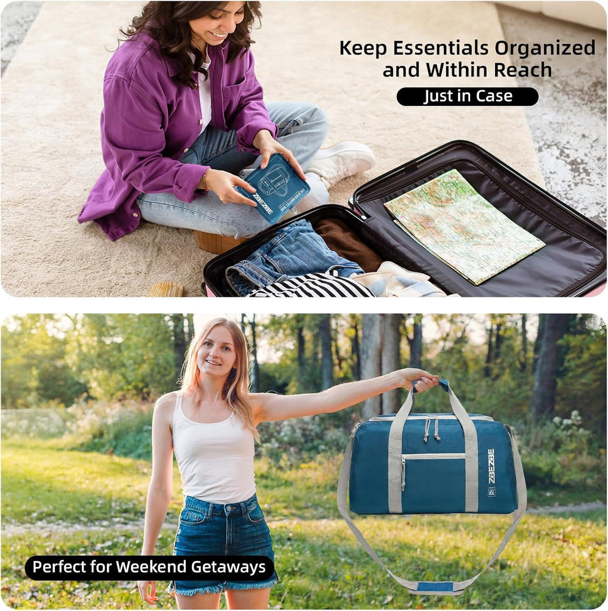 Foldable Travel Duffel Bag, 37L Lightweight Carry-on Weekender Bag with Wet Pocket, Water-Repellent Packable Hospital & Sports Bag for Overnight Trip - Black