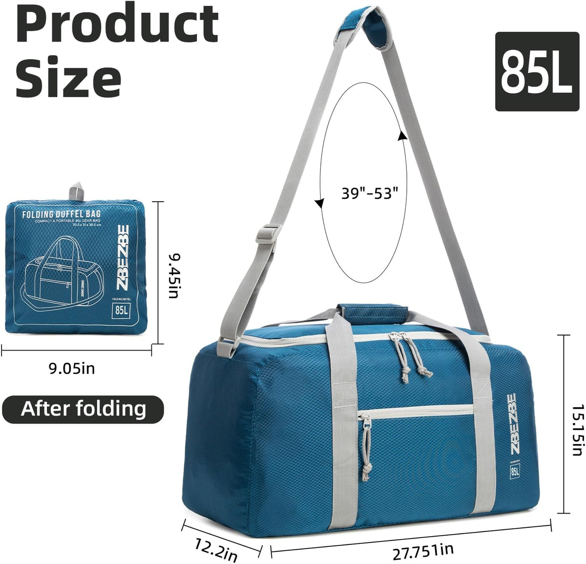Foldable Travel Duffel Bag, 37L Lightweight Carry-on Weekender Bag with Wet Pocket, Water-Repellent Packable Hospital & Sports Bag for Overnight Trip - Black