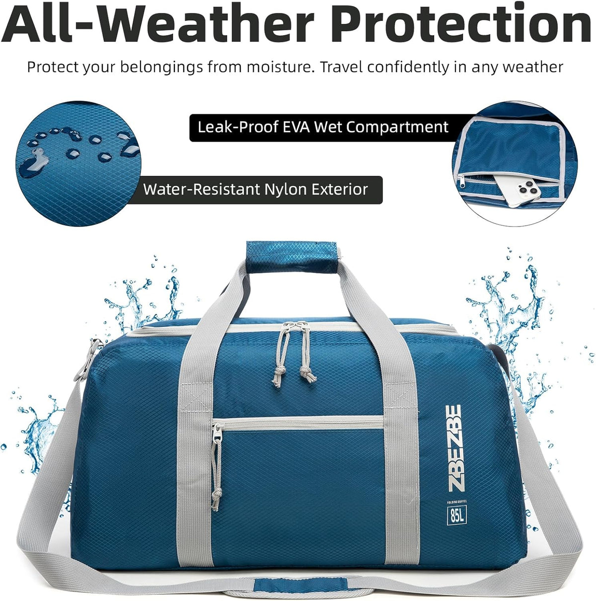 Foldable Travel Duffel Bag, 37L Lightweight Carry-on Weekender Bag with Wet Pocket, Water-Repellent Packable Hospital & Sports Bag for Overnight Trip - Black