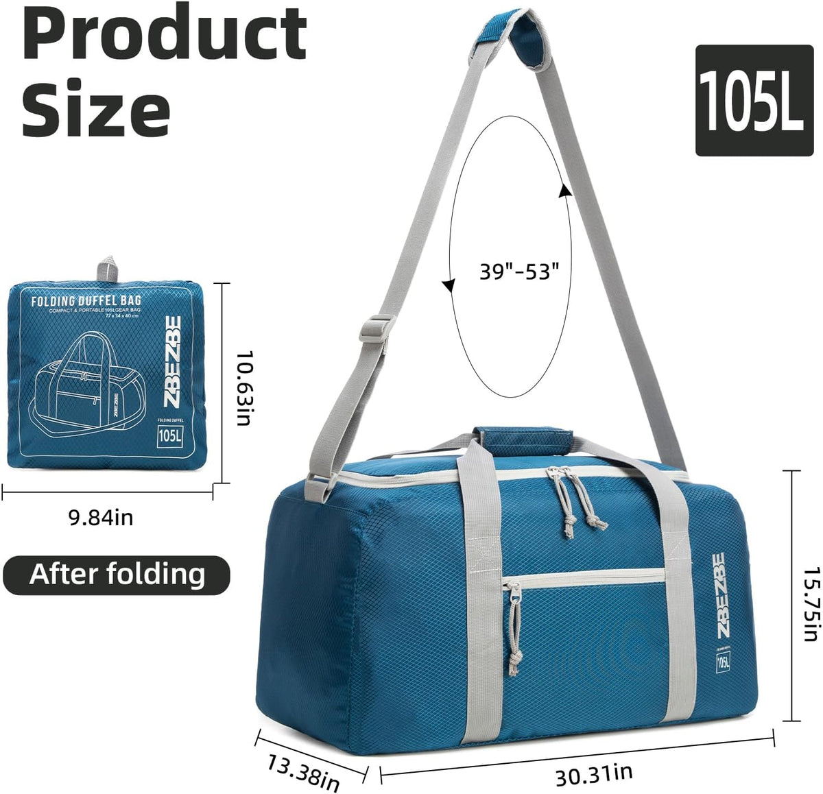 Foldable Travel Duffel Bag, 37L Lightweight Carry-on Weekender Bag with Wet Pocket, Water-Repellent Packable Hospital & Sports Bag for Overnight Trip - Black