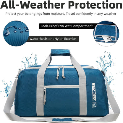 Foldable Travel Duffel Bag, 37L Lightweight Carry-on Weekender Bag with Wet Pocket, Water-Repellent Packable Hospital & Sports Bag for Overnight Trip - Black