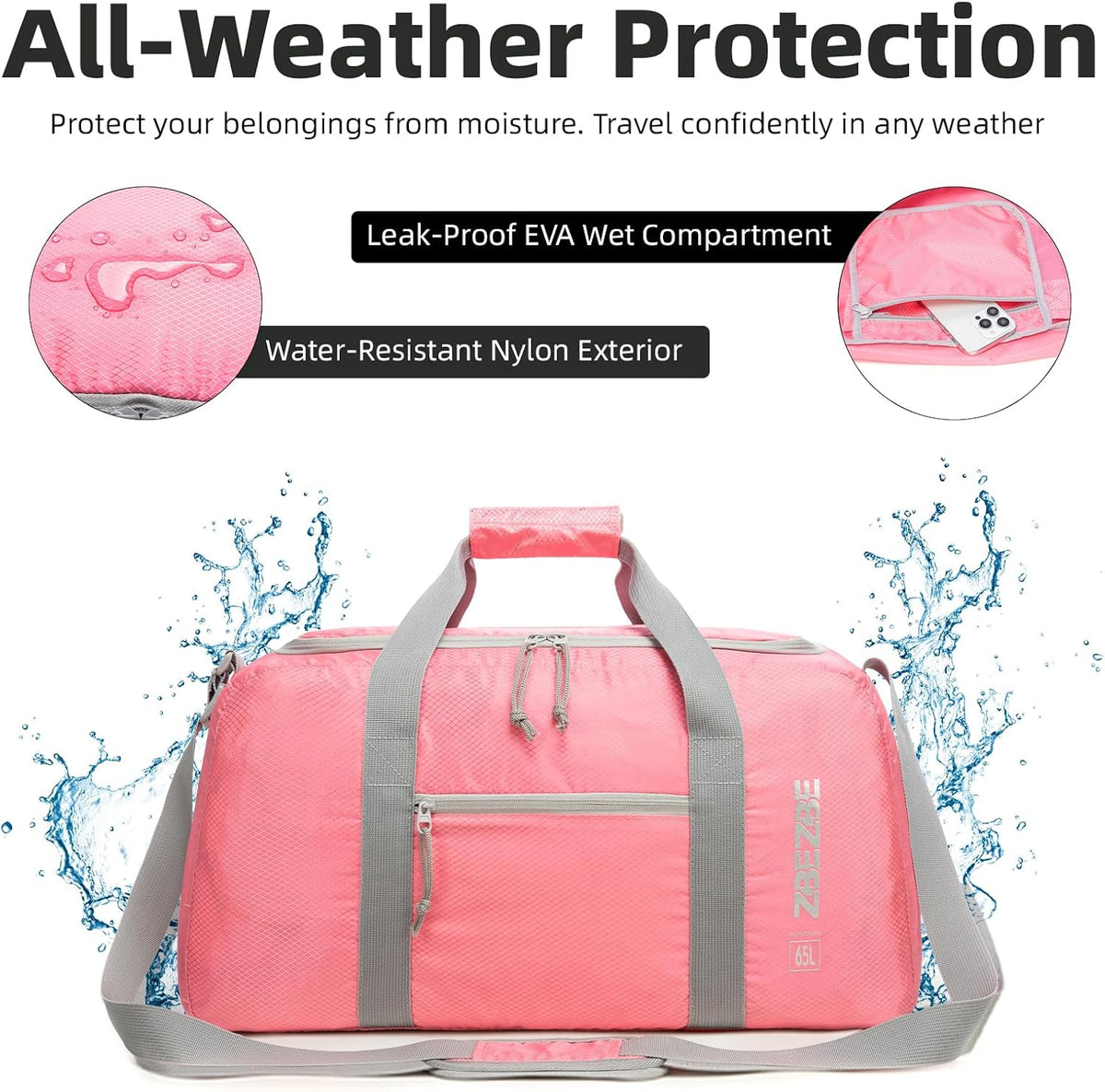Foldable Travel Duffel Bag, 37L Lightweight Carry-on Weekender Bag with Wet Pocket, Water-Repellent Packable Hospital & Sports Bag for Overnight Trip - Black