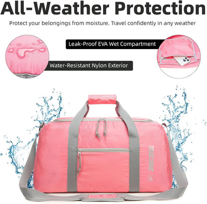 Foldable Travel Duffel Bag, 37L Lightweight Carry-on Weekender Bag with Wet Pocket, Water-Repellent Packable Hospital & Sports Bag for Overnight Trip - Black