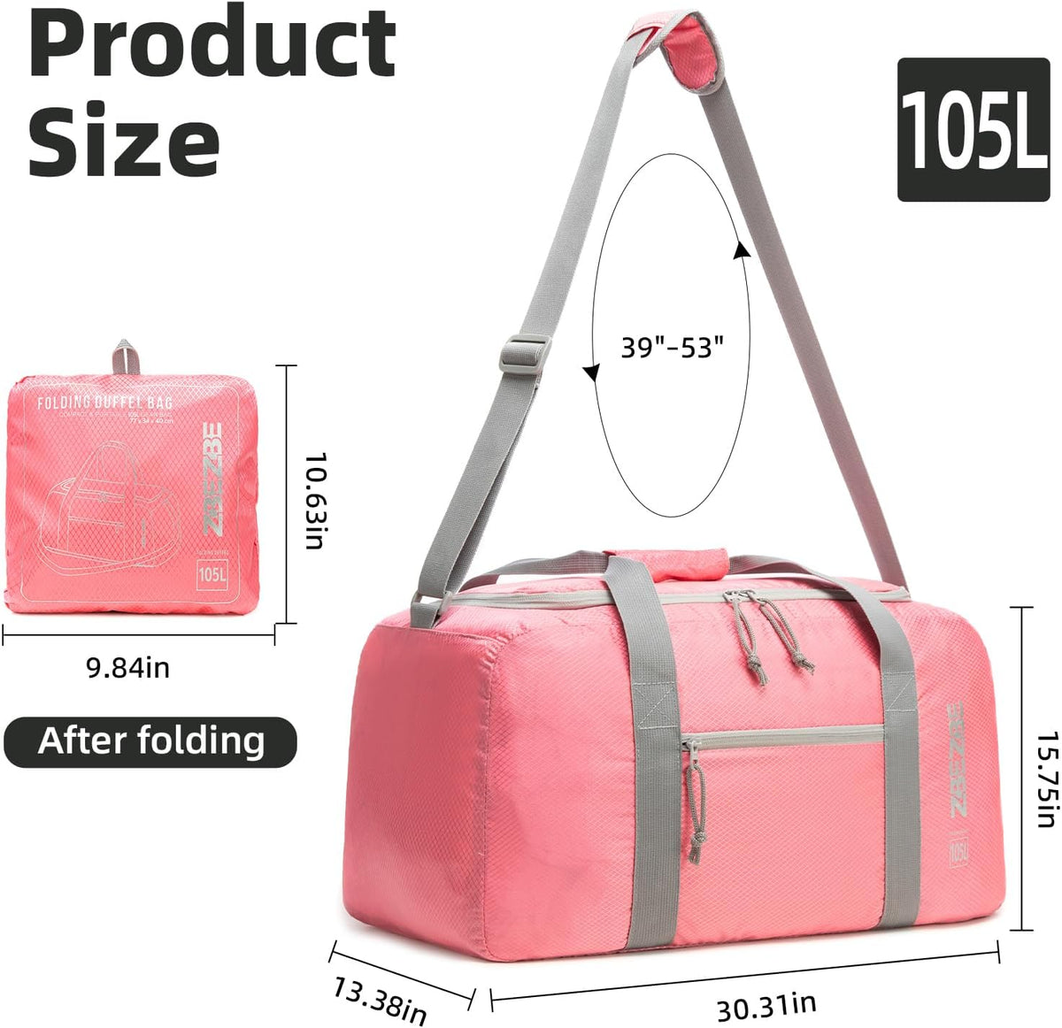 Foldable Travel Duffel Bag, 37L Lightweight Carry-on Weekender Bag with Wet Pocket, Water-Repellent Packable Hospital & Sports Bag for Overnight Trip - Black