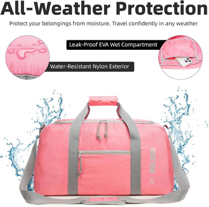 Foldable Travel Duffel Bag, 37L Lightweight Carry-on Weekender Bag with Wet Pocket, Water-Repellent Packable Hospital & Sports Bag for Overnight Trip - Black