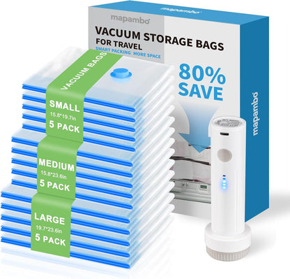 Travel Vacuum Bags with -4000Pa Electric pump, 15 Pack Vacuum Seal Bags for Clothing Travel in 3 Combo sizes, Space Saver Vacuum Storage Bags, Saving up to 80% of Space (15 Combo Pack)