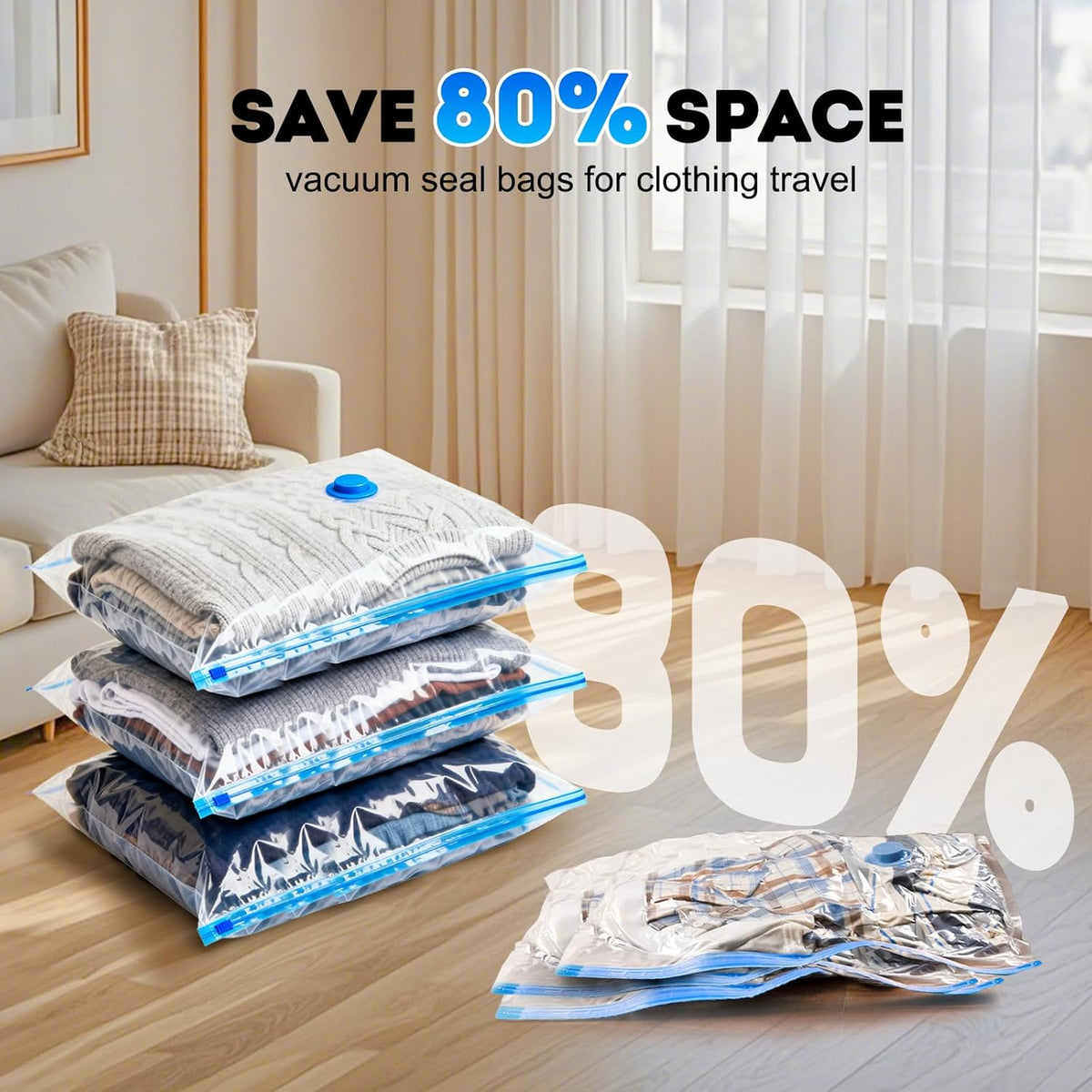 Travel Vacuum Bags with -4000Pa Electric pump, 15 Pack Vacuum Seal Bags for Clothing Travel in 3 Combo sizes, Space Saver Vacuum Storage Bags, Saving up to 80% of Space (15 Combo Pack)