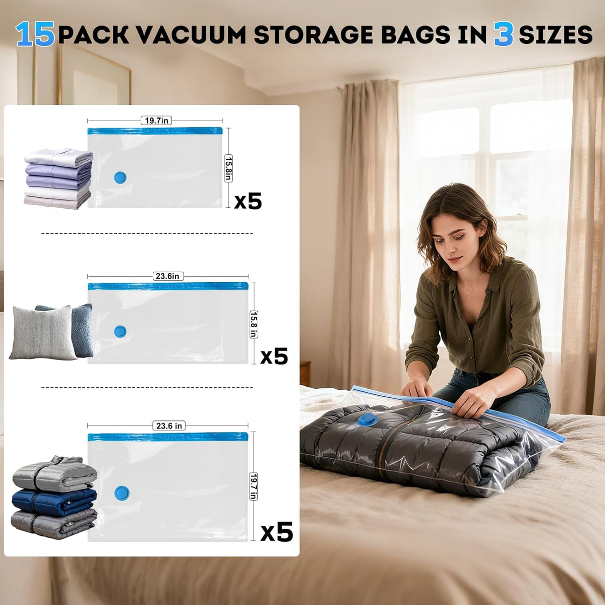 Travel Vacuum Bags with -4000Pa Electric pump, 15 Pack Vacuum Seal Bags for Clothing Travel in 3 Combo sizes, Space Saver Vacuum Storage Bags, Saving up to 80% of Space (15 Combo Pack)