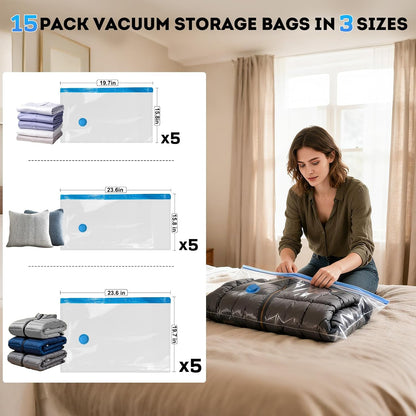 Travel Vacuum Bags with -4000Pa Electric pump, 15 Pack Vacuum Seal Bags for Clothing Travel in 3 Combo sizes, Space Saver Vacuum Storage Bags, Saving up to 80% of Space (15 Combo Pack)