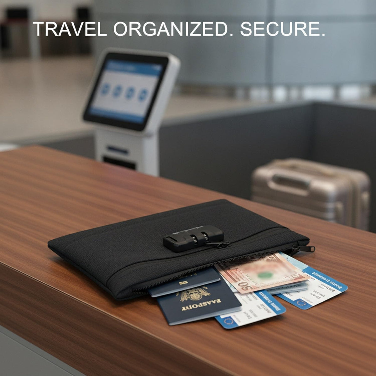Travel Document Organizer Wallet, Zippered Oxford Cloth Pouch for Passports & Tickets, Slim Portable File Holder, Black
