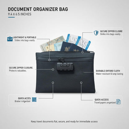 Travel Document Organizer Wallet, Zippered Oxford Cloth Pouch for Passports & Tickets, Slim Portable File Holder, Black