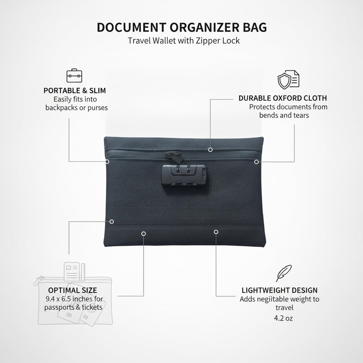 Travel Document Organizer Wallet, Zippered Oxford Cloth Pouch for Passports & Tickets, Slim Portable File Holder, Black