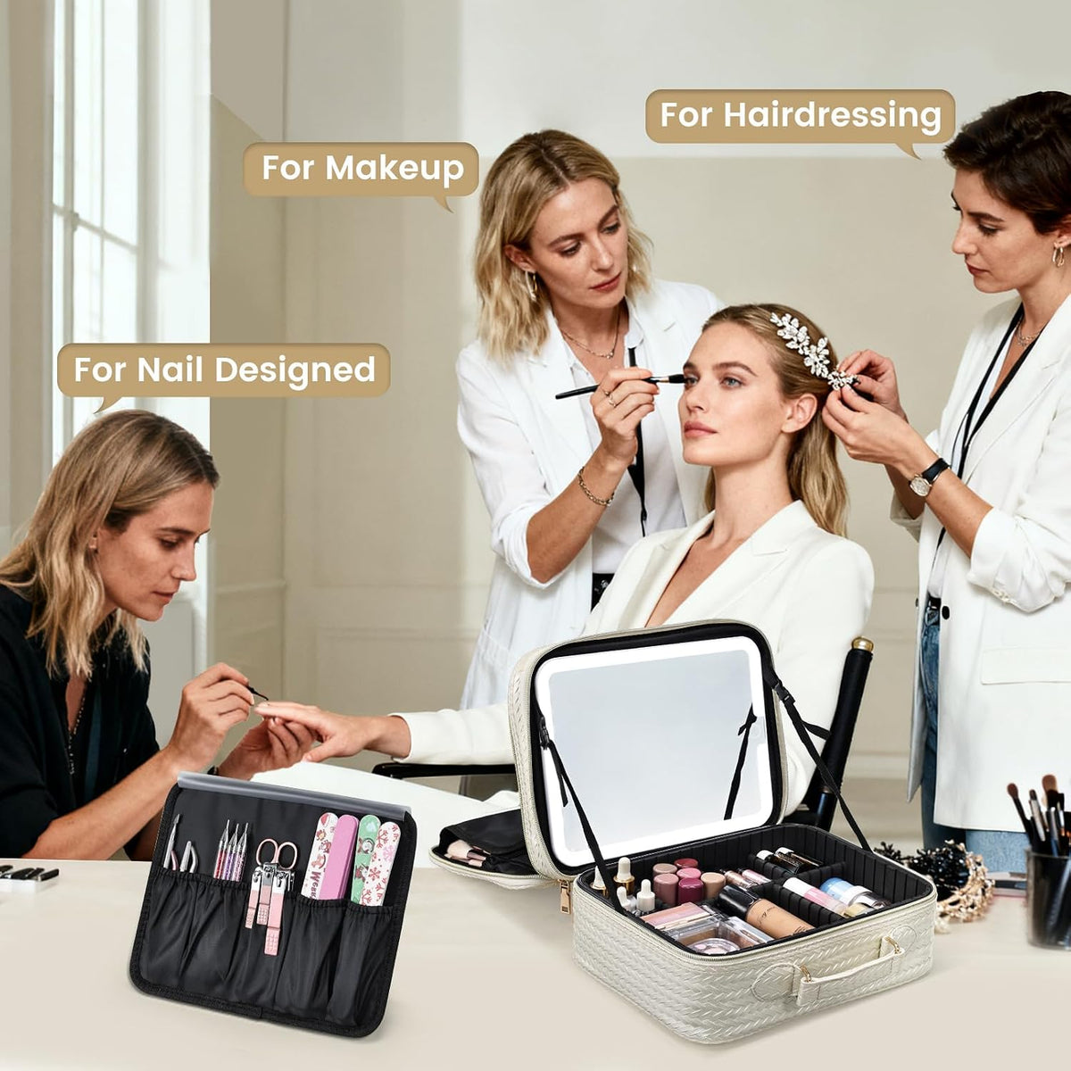 Makeup Bag with LED Lighted Mirror 12.2 IN Travel Makeup Bag Adjustable Brightness in 3 Colors Cosmetic Organizer Artist Storage Bag with Dividers Brush Holder Bag Vanity Black Checkerboard
