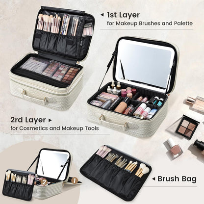 Makeup Bag with LED Lighted Mirror 12.2 IN Travel Makeup Bag Adjustable Brightness in 3 Colors Cosmetic Organizer Artist Storage Bag with Dividers Brush Holder Bag Vanity Black Checkerboard