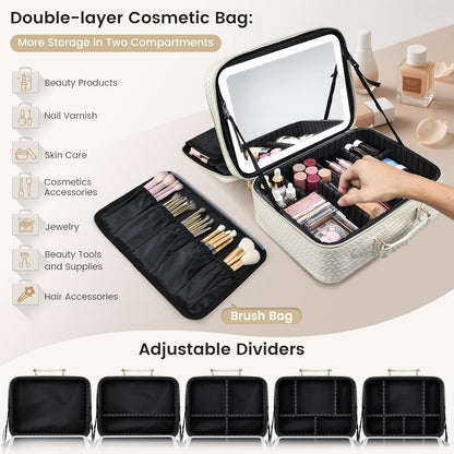 Makeup Bag with LED Lighted Mirror 12.2 IN Travel Makeup Bag Adjustable Brightness in 3 Colors Cosmetic Organizer Artist Storage Bag with Dividers Brush Holder Bag Vanity Black Checkerboard