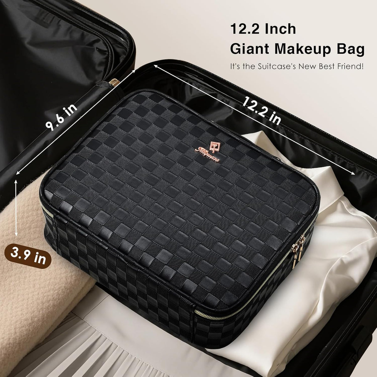 Makeup Bag with LED Lighted Mirror 12.2 IN Travel Makeup Bag Adjustable Brightness in 3 Colors Cosmetic Organizer Artist Storage Bag with Dividers Brush Holder Bag Vanity Black Checkerboard