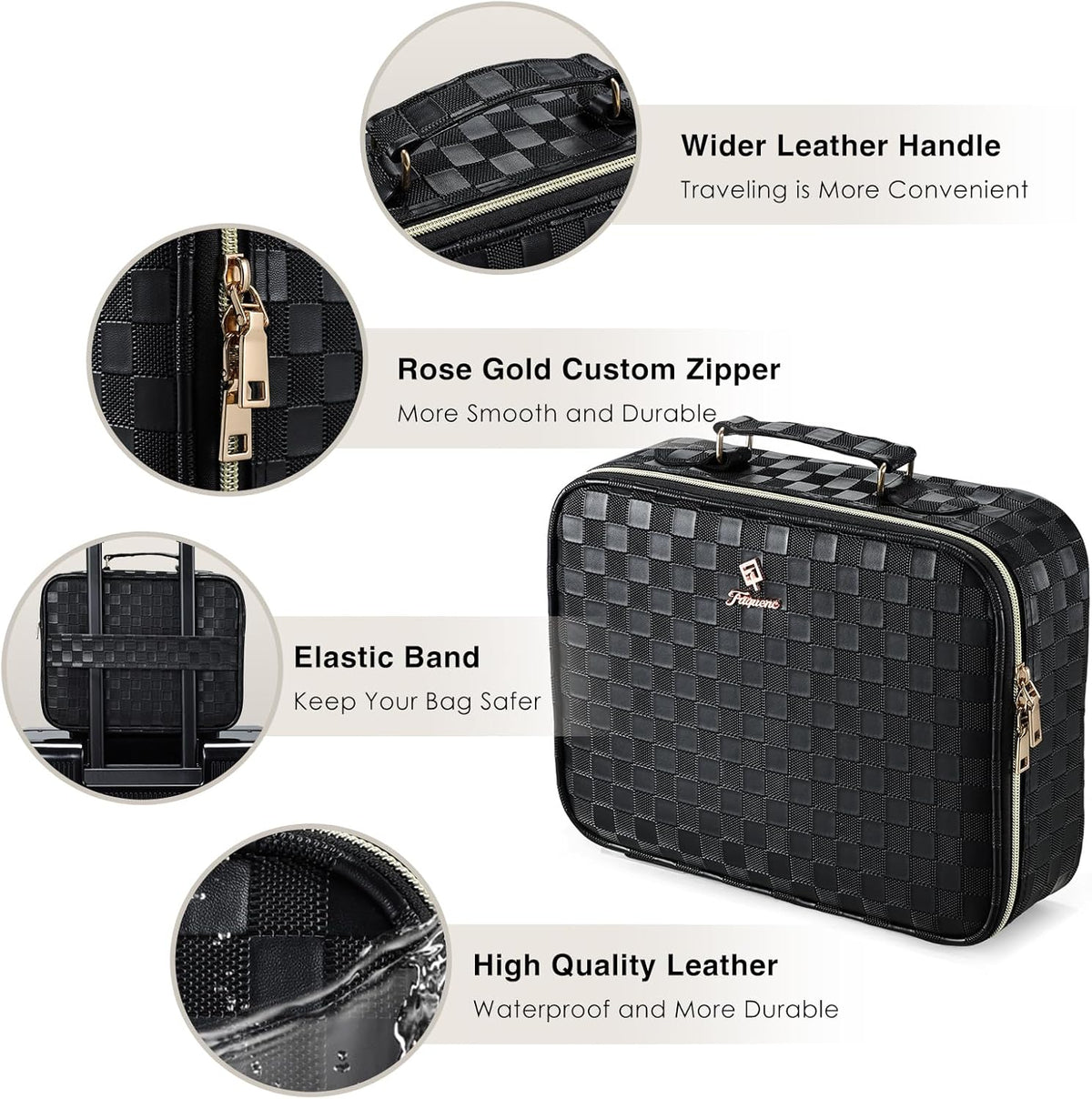 Makeup Bag with LED Lighted Mirror 12.2 IN Travel Makeup Bag Adjustable Brightness in 3 Colors Cosmetic Organizer Artist Storage Bag with Dividers Brush Holder Bag Vanity Black Checkerboard