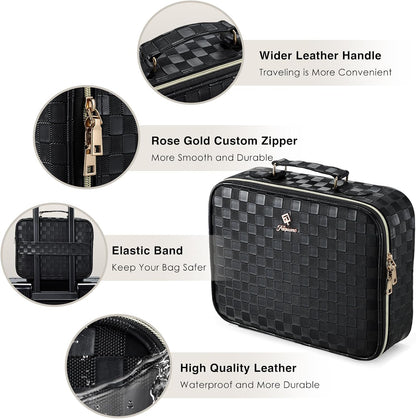 Makeup Bag with LED Lighted Mirror 12.2 IN Travel Makeup Bag Adjustable Brightness in 3 Colors Cosmetic Organizer Artist Storage Bag with Dividers Brush Holder Bag Vanity Black Checkerboard