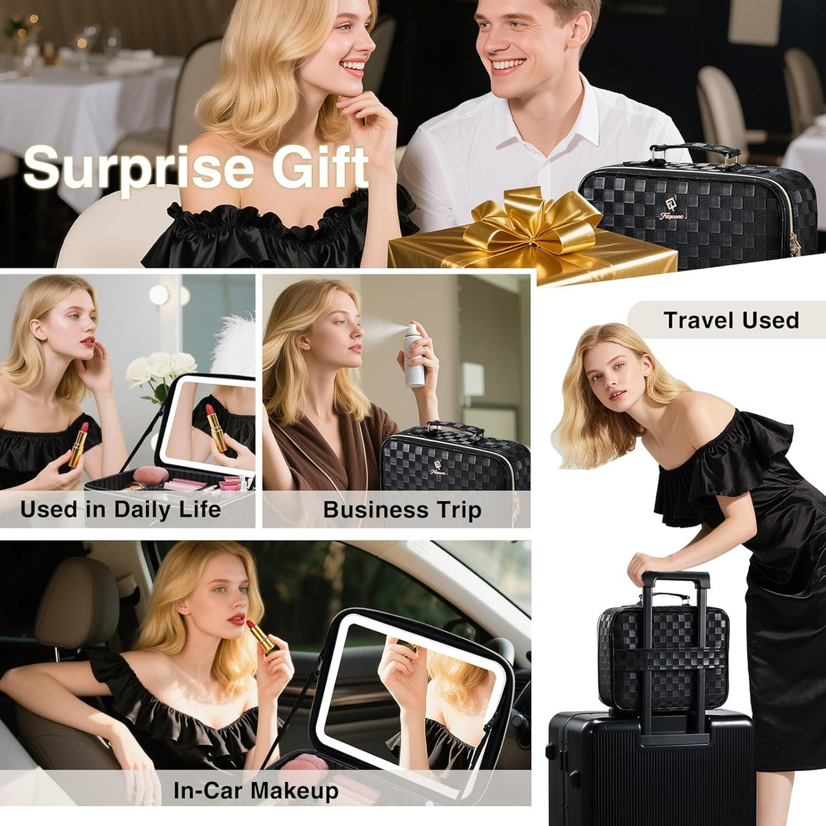 Makeup Bag with LED Lighted Mirror 12.2 IN Travel Makeup Bag Adjustable Brightness in 3 Colors Cosmetic Organizer Artist Storage Bag with Dividers Brush Holder Bag Vanity Black Checkerboard