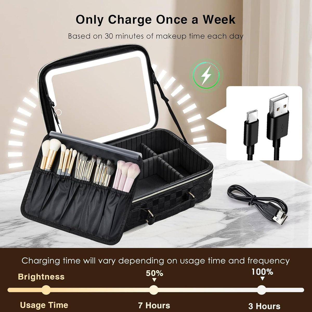 Makeup Bag with LED Lighted Mirror 12.2 IN Travel Makeup Bag Adjustable Brightness in 3 Colors Cosmetic Organizer Artist Storage Bag with Dividers Brush Holder Bag Vanity Black Checkerboard