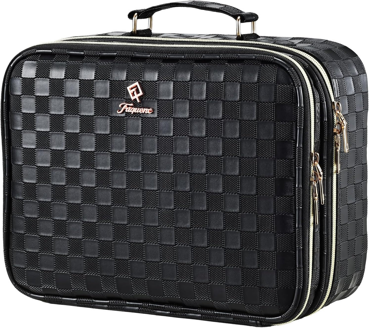 Makeup Bag with LED Lighted Mirror 12.2 IN Travel Makeup Bag Adjustable Brightness in 3 Colors Cosmetic Organizer Artist Storage Bag with Dividers Brush Holder Bag Vanity Black Checkerboard
