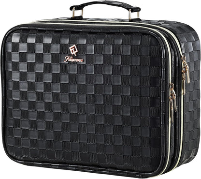 Makeup Bag with LED Lighted Mirror 12.2 IN Travel Makeup Bag Adjustable Brightness in 3 Colors Cosmetic Organizer Artist Storage Bag with Dividers Brush Holder Bag Vanity Black Checkerboard