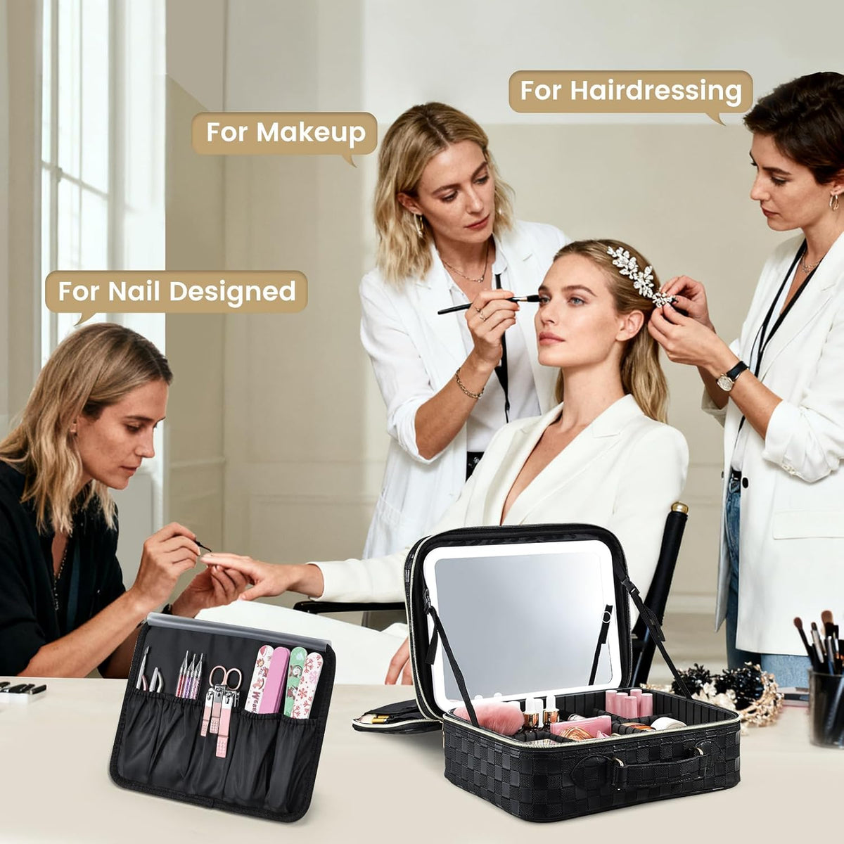 Makeup Bag with LED Lighted Mirror 12.2 IN Travel Makeup Bag Adjustable Brightness in 3 Colors Cosmetic Organizer Artist Storage Bag with Dividers Brush Holder Bag Vanity Black Checkerboard