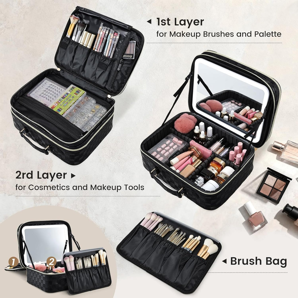 Makeup Bag with LED Lighted Mirror 12.2 IN Travel Makeup Bag Adjustable Brightness in 3 Colors Cosmetic Organizer Artist Storage Bag with Dividers Brush Holder Bag Vanity Black Checkerboard