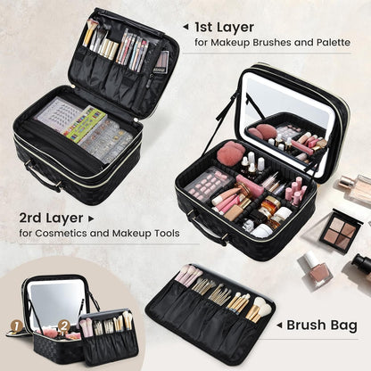 Makeup Bag with LED Lighted Mirror 12.2 IN Travel Makeup Bag Adjustable Brightness in 3 Colors Cosmetic Organizer Artist Storage Bag with Dividers Brush Holder Bag Vanity Black Checkerboard