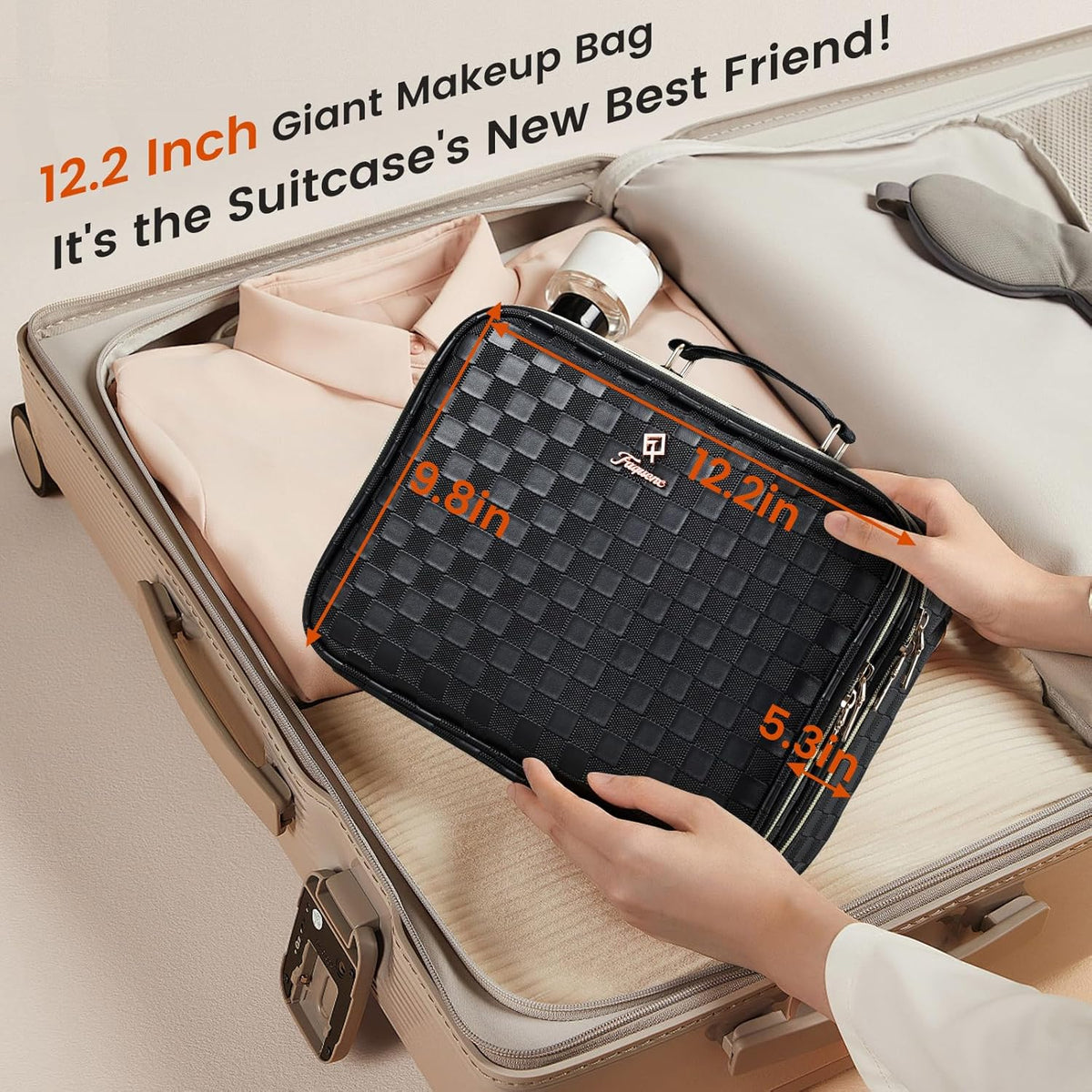 Makeup Bag with LED Lighted Mirror 12.2 IN Travel Makeup Bag Adjustable Brightness in 3 Colors Cosmetic Organizer Artist Storage Bag with Dividers Brush Holder Bag Vanity Black Checkerboard