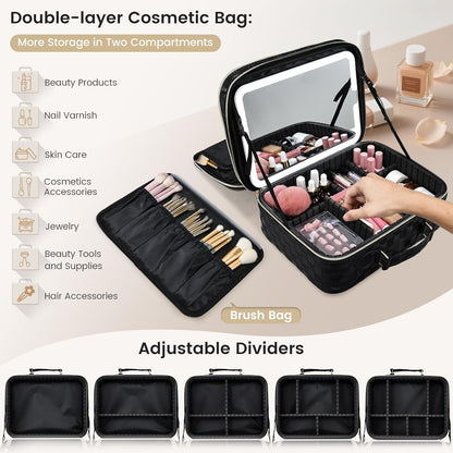 Makeup Bag with LED Lighted Mirror 12.2 IN Travel Makeup Bag Adjustable Brightness in 3 Colors Cosmetic Organizer Artist Storage Bag with Dividers Brush Holder Bag Vanity Black Checkerboard