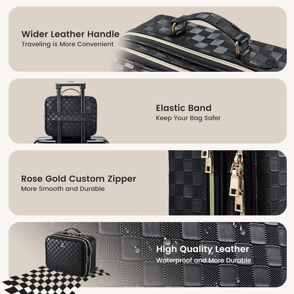 Makeup Bag with LED Lighted Mirror 12.2 IN Travel Makeup Bag Adjustable Brightness in 3 Colors Cosmetic Organizer Artist Storage Bag with Dividers Brush Holder Bag Vanity Black Checkerboard