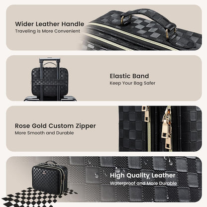 Makeup Bag with LED Lighted Mirror 12.2 IN Travel Makeup Bag Adjustable Brightness in 3 Colors Cosmetic Organizer Artist Storage Bag with Dividers Brush Holder Bag Vanity Black Checkerboard