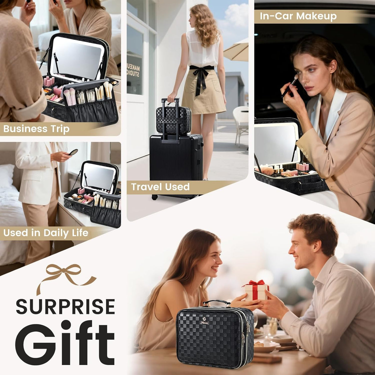 Makeup Bag with LED Lighted Mirror 12.2 IN Travel Makeup Bag Adjustable Brightness in 3 Colors Cosmetic Organizer Artist Storage Bag with Dividers Brush Holder Bag Vanity Black Checkerboard