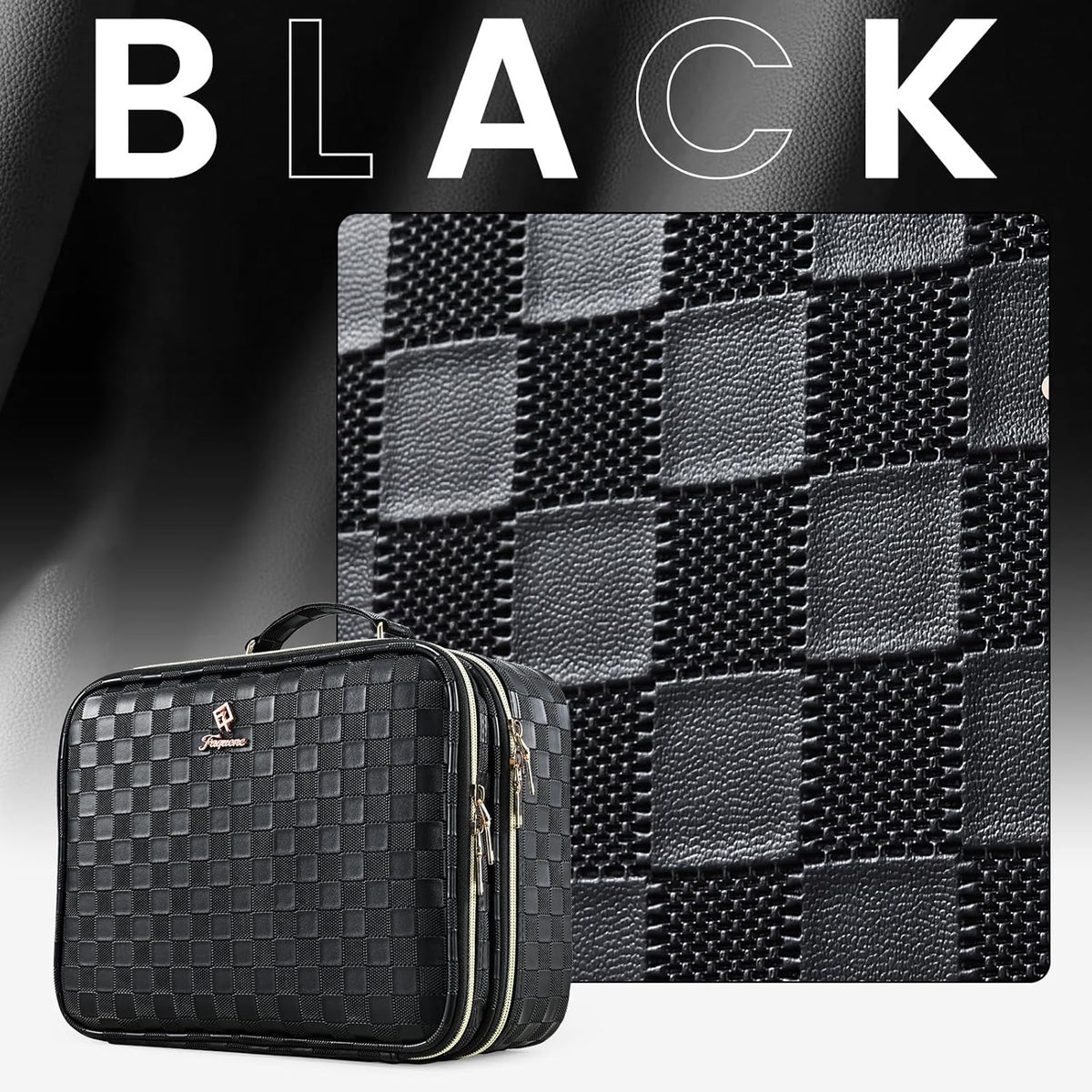 Makeup Bag with LED Lighted Mirror 12.2 IN Travel Makeup Bag Adjustable Brightness in 3 Colors Cosmetic Organizer Artist Storage Bag with Dividers Brush Holder Bag Vanity Black Checkerboard