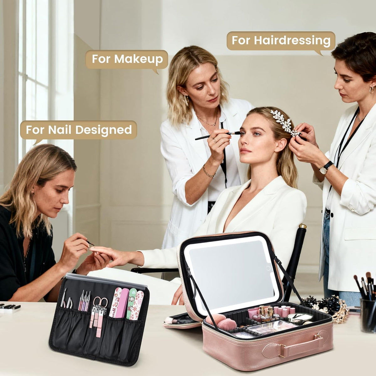 Makeup Bag with LED Lighted Mirror 12.2 IN Travel Makeup Bag Adjustable Brightness in 3 Colors Cosmetic Organizer Artist Storage Bag with Dividers Brush Holder Bag Vanity Black Checkerboard