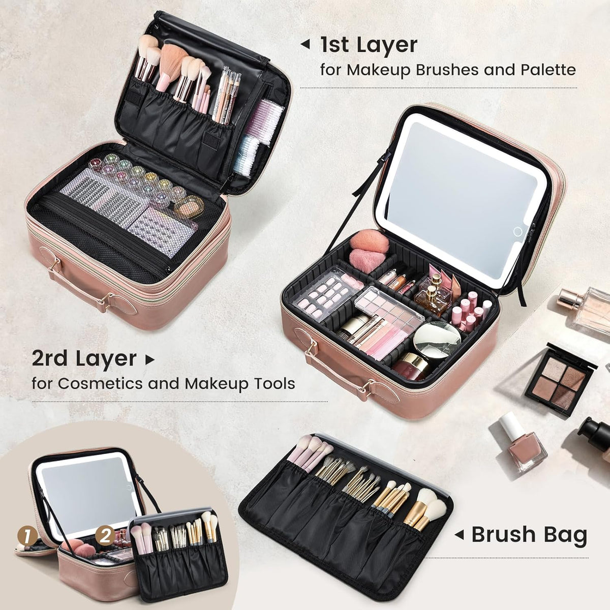 Makeup Bag with LED Lighted Mirror 12.2 IN Travel Makeup Bag Adjustable Brightness in 3 Colors Cosmetic Organizer Artist Storage Bag with Dividers Brush Holder Bag Vanity Black Checkerboard